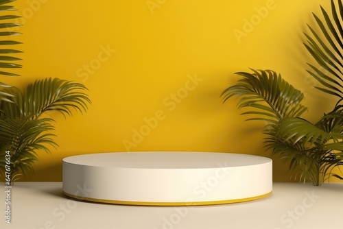 White product podium with green leaf and yellow background.