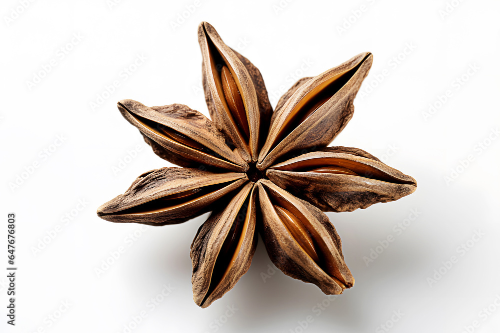 Anise star spice fruit with brown seeds isolated on white background close up top view Anise star spice fruit with brown seeds isolated on white background close up top view