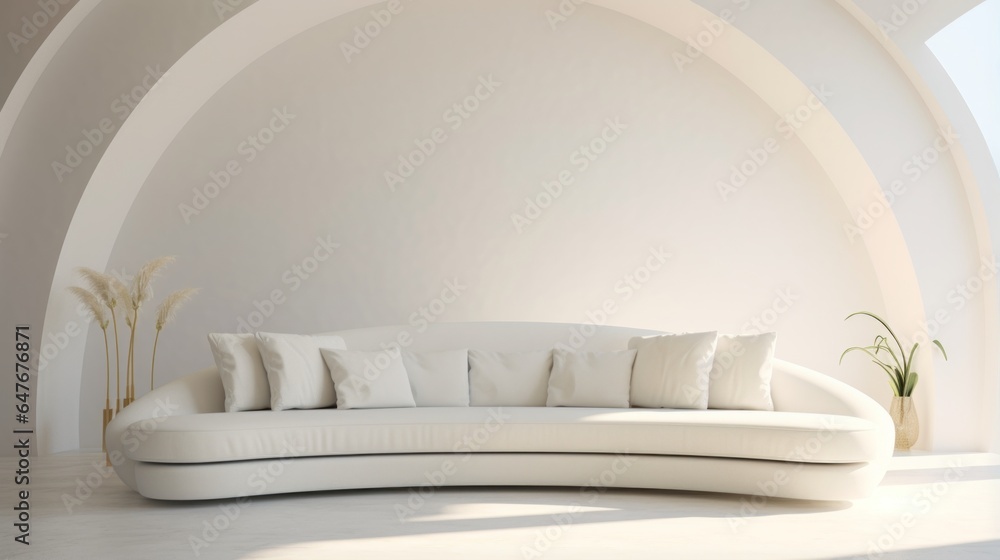A minimalist white couch against a clean white wall, showcasing modern interior design A minimalist white couch against a clean white wall, showcasing modern interior design