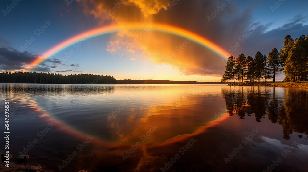 a vivid rainbow arching across a crystal clear lake during golden hour, reflection on the water