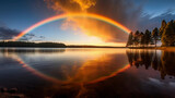 a vivid rainbow arching across a crystal clear lake during golden hour, reflection on the water