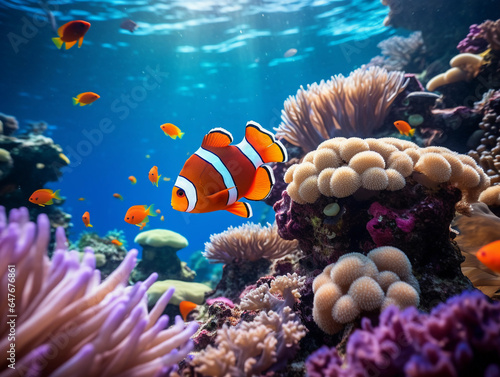 colorful coral garden bustling with marine life like clownfish, wrasses, and dottybacks, natural lighting