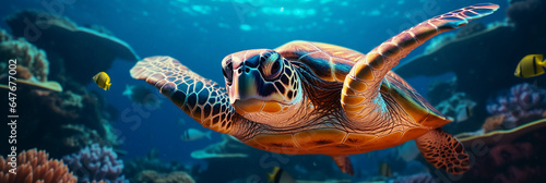a sea turtle gliding gracefully near a coral reef, myriad of fish in the background, ambient sunlight photo
