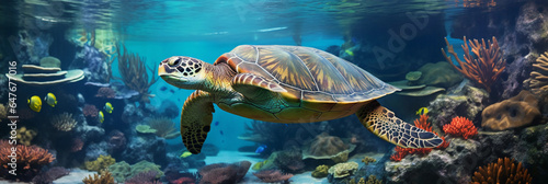 a sea turtle gliding gracefully near a coral reef, myriad of fish in the background, ambient sunlight