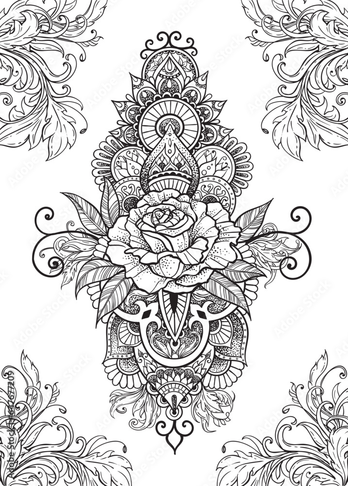 illustration of a ornament with a rose in the center illustration of a ornament with a rose in the center