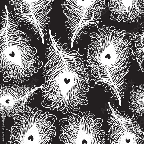 Peacock feathers black and white seamless pattern