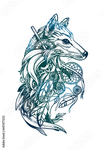 wolf tribal tattoo with dream catcher