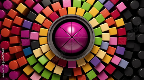 3D rendering of abstract geometric composition with a sphere in the center and colorful background.