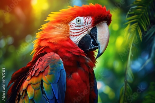 Colorful scarlet macaw parrot in jungle. © Lubos Chlubny