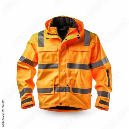 Orange reflective work jacket isolated on white background photo