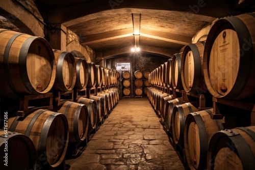 Old oak wooden barrels in underground cellars for maturing wine or whiskey