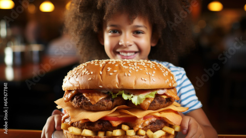 XXL burger  happy child with his massive  oversized hamburger.