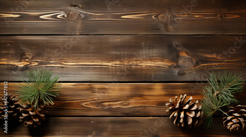 Wooden Christmas background adorned with festive pinecones.