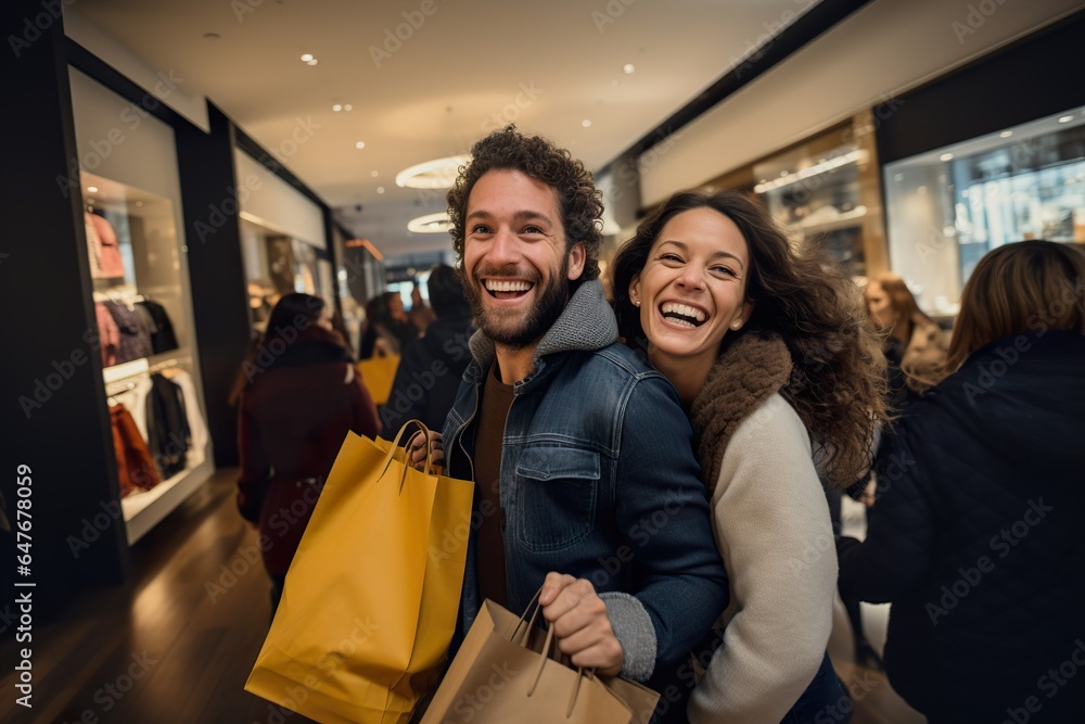 Attractive couple are happy with successful shopping in shopping mall Attractive couple are happy with successful shopping in shopping mall