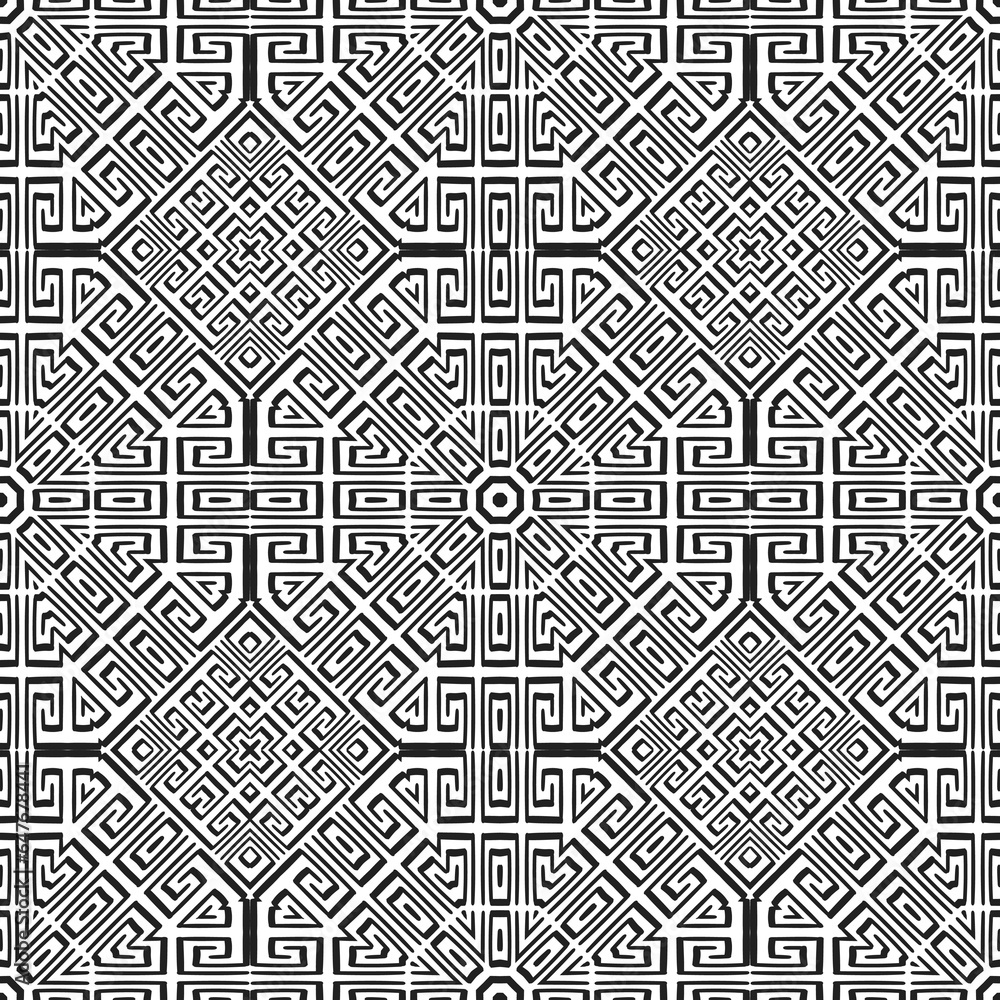 Black and white traditional tribal ethnic style greek seamless pattern. Vector ornamental greek background. Repeat lines backdrop. Geometric meanders ornament. Modern symmetrical abstract design