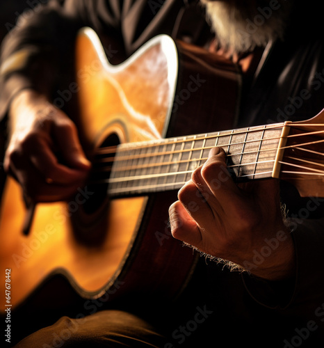 Bluesman play on guitar blues rock under stage light. Festival music concert with songs. Black skin guitarist in hat. Retro style.