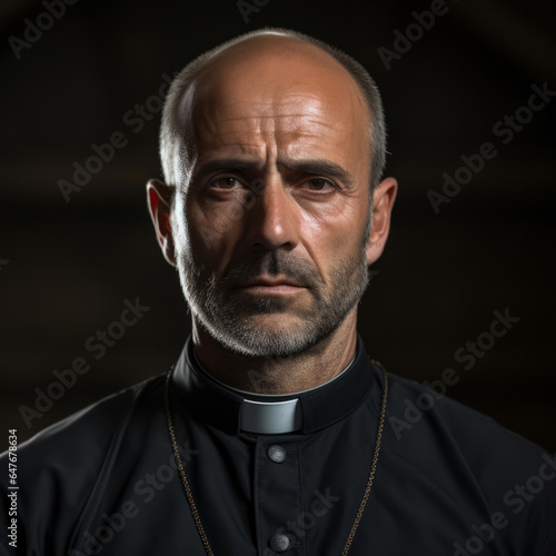 Portrait of senior priest. Serious face on clear black backdrop. Religion concept.