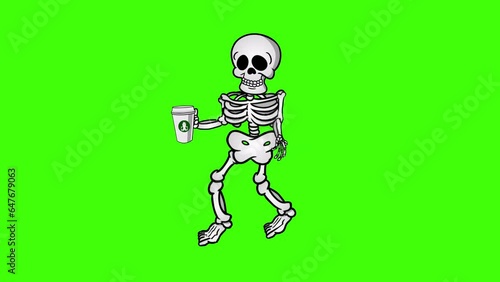 Skeleton Walking Animation Holdings A Coffee Cup Animation On Green Background 4k Quality