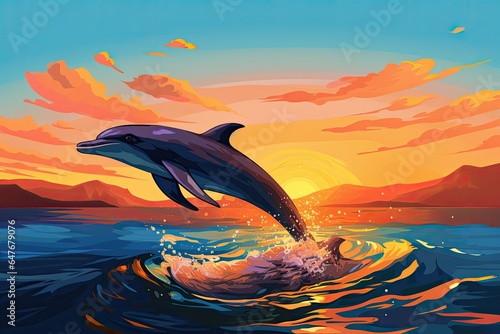dolphin jump out of water at sunset illustration © krissikunterbunt