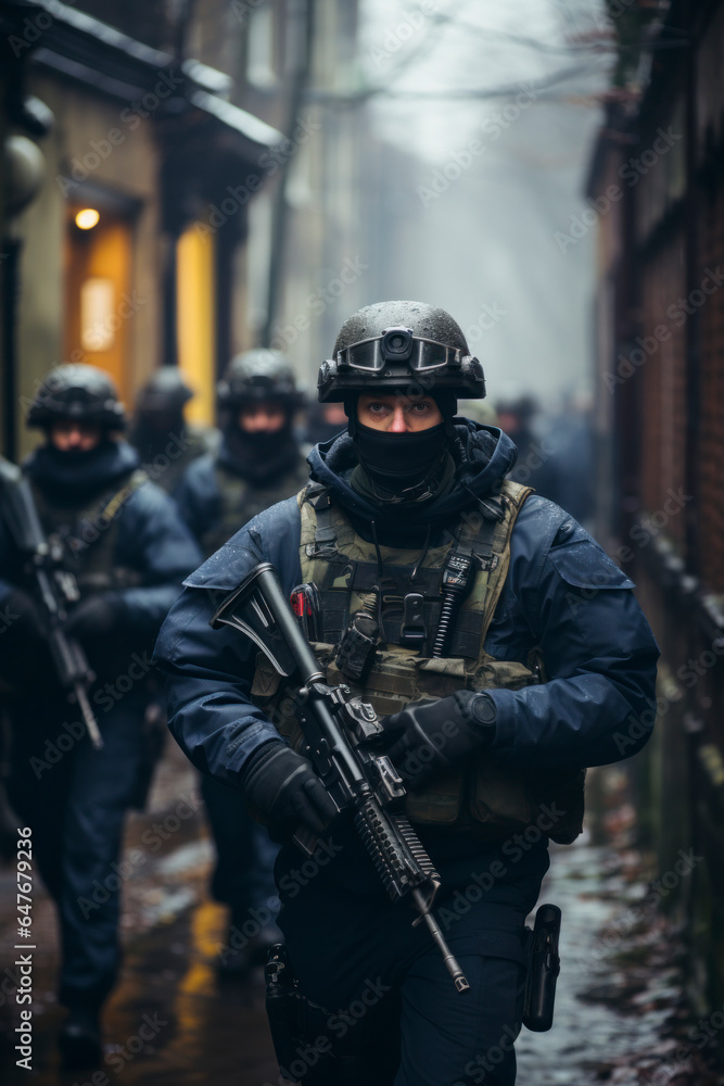 Armed police in all black uniforms marching down a street in the daytime Armed police in all black uniforms marching down a street in the daytime