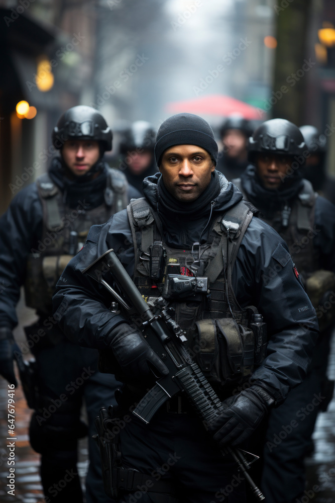 Armed police in all black uniforms marching down a street in the daytime Armed police in all black uniforms marching down a street in the daytime