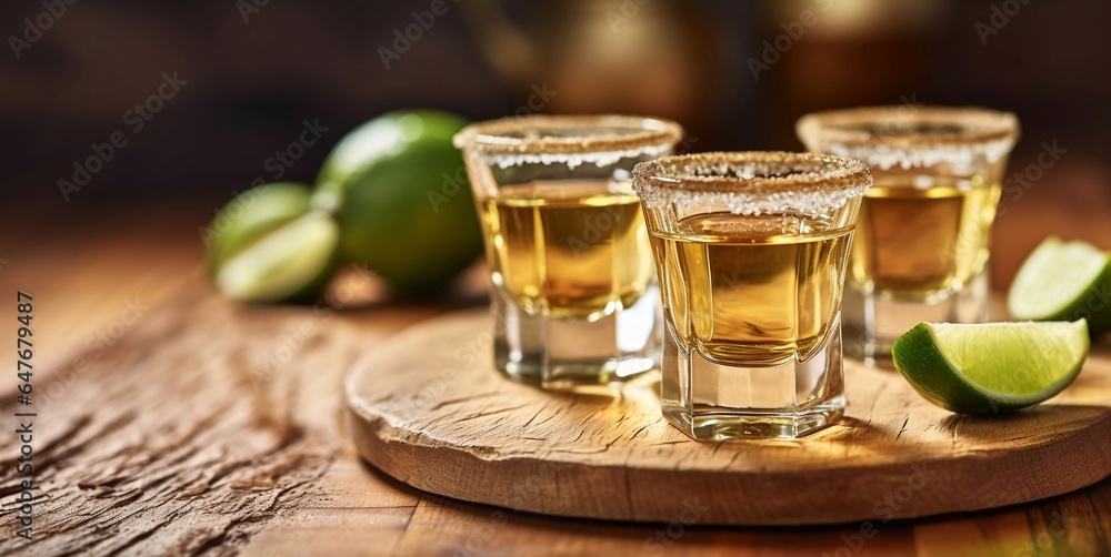 Golden tequila shots with lime and salt on wooden board background.Macro.AI Generative