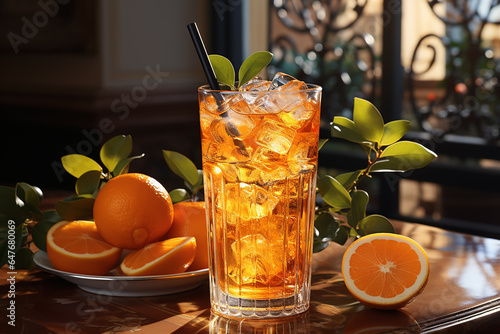 Generative AI - A glass with traditional aperol spritz with oranges on the table 