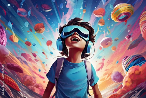 child with vr glasses in fantasy candy world illustration