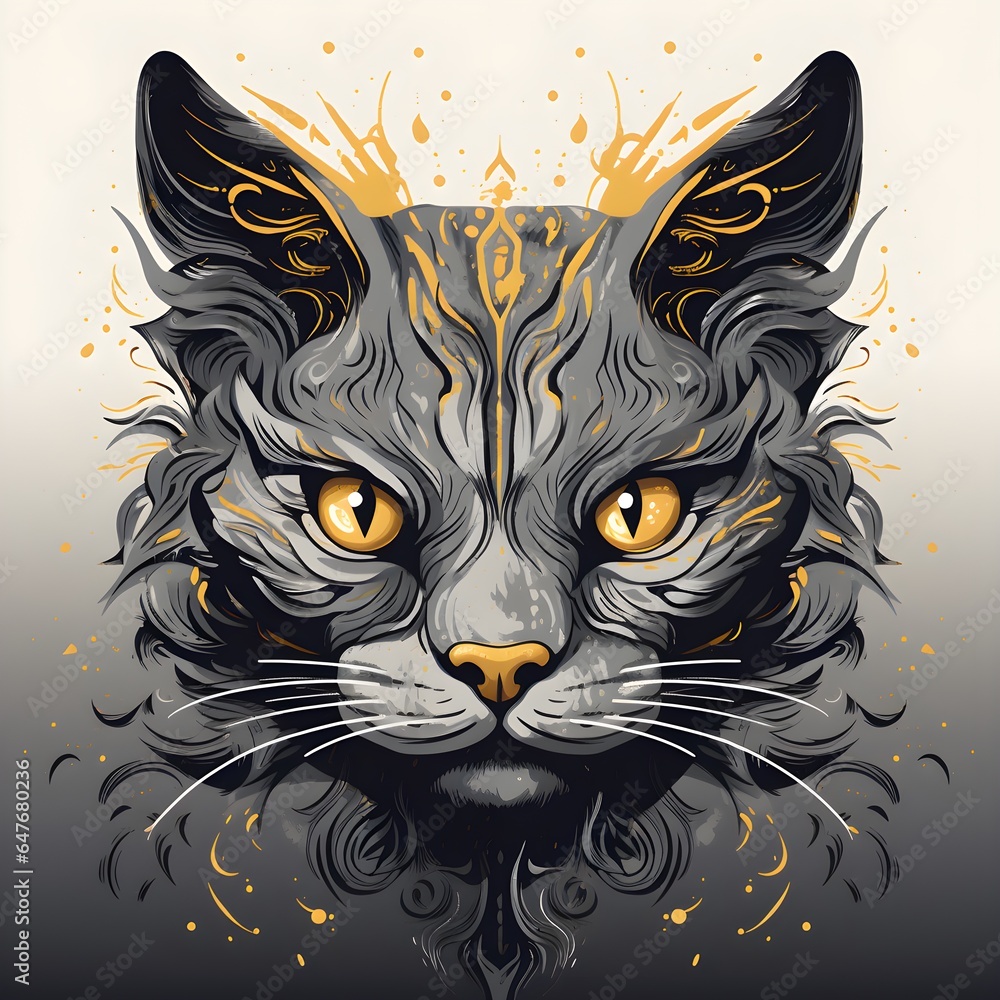 Hand drawn poster with cat portrait  isolated  black background