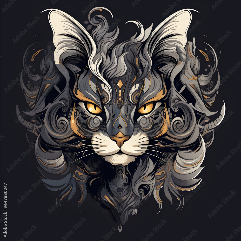 Hand drawn poster with cat portrait  isolated  black background