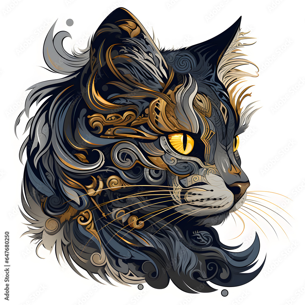 Hand drawn poster with cat portrait  isolated  black background