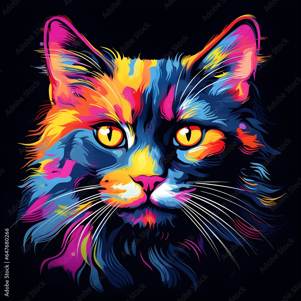 Colorful poster with cat portrait in vector design style isolated on black background
