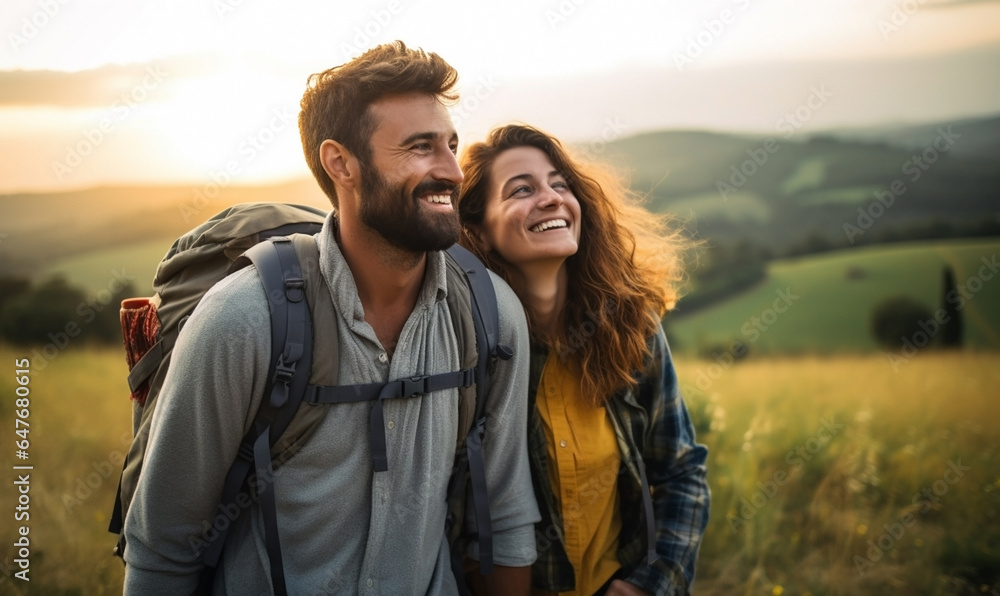 Couple hiker traveling, walking Italian Tuscan Landscape view under sunset light. Man and Woman traveler enjoys with backpack hiking in mountains. Travel, adventure, relax, recharge concept.