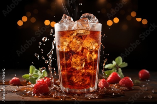 Cola with ice cubes, cherry tomatoes and lemon on a black background. coke with ice cubes and splash on a dark background, close-up. 