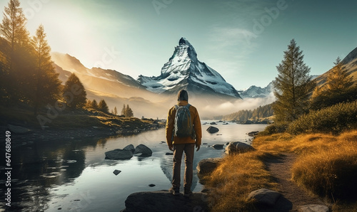 Male hiker traveling, walking alone Matterhorn under sunset light. Man traveler enjoys with backpack hiking in mountains. Travel, adventure, relax, recharge concept. 