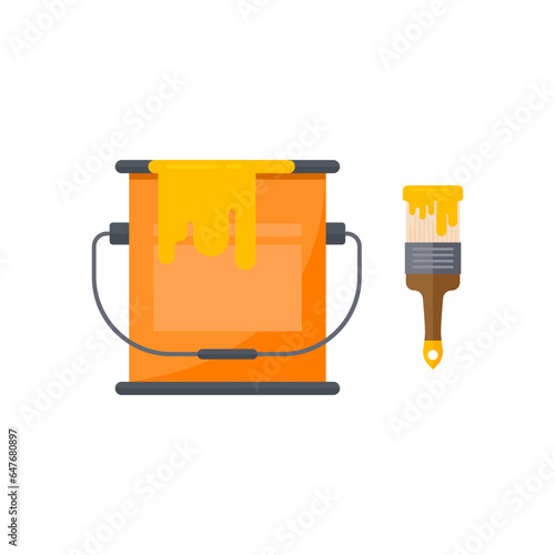 Paint buckets and paint brushes, industrial and construction work equipment on white background.