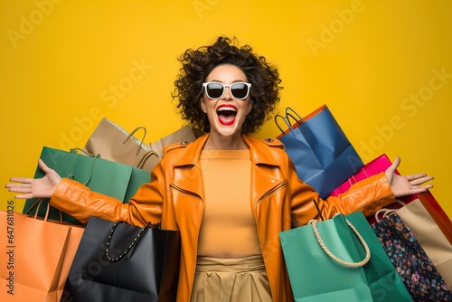 Happy woman is excited with successful shopping at Black Friday sale in shopping mall