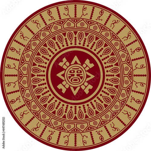 Native American vector round red and black pattern. Geometric shapes in a circle. National ornament of the peoples of America, Maya, Aztecs, Incas