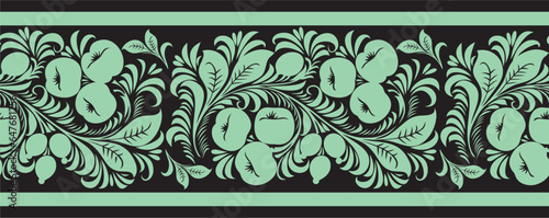 Vector green seamless Russian folk ornament Khokhloma. National endless border, frame of Slavic peoples, Belarusians, Ukrainians..