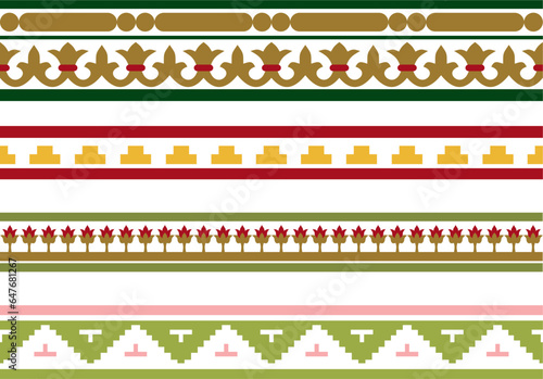 Vector set of colored seamless classic byzantine ornament. Endless border, Ancient Greece, Eastern Roman Empire frame. Decoration of the Russian Orthodox Church..