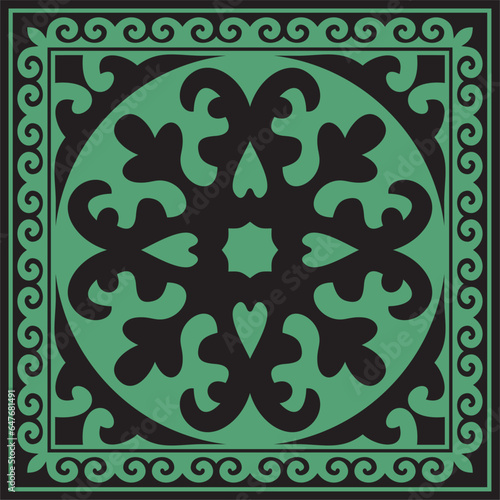 Vector green with black Square Kazakh national ornament. Ethnic pattern of the peoples of the Great Steppe, Mongols, Kyrgyz, Kalmyks, Buryats..