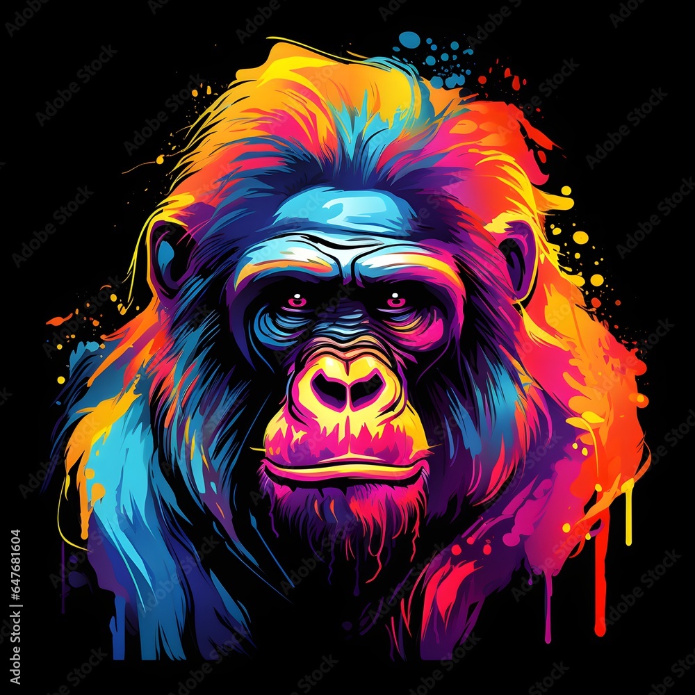 Colorful poster with gorilla isolated on black
