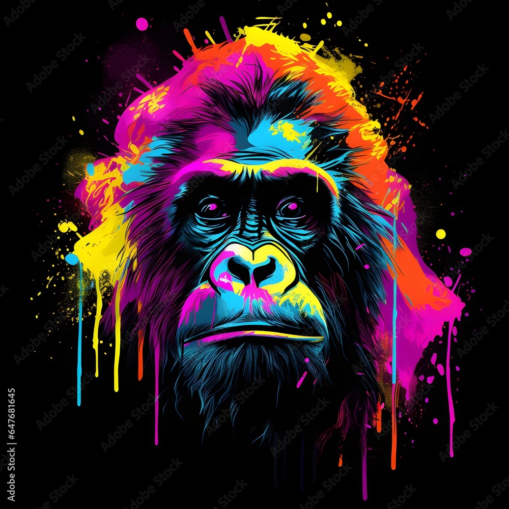 Colorful poster with gorilla isolated on black