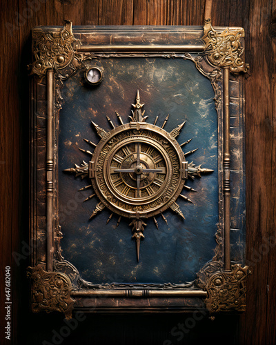 Top view of ancient nautical book on wooden table