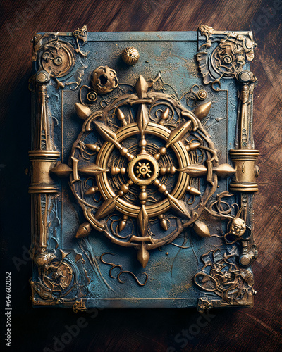 Top view of ancient nautical book on wooden table