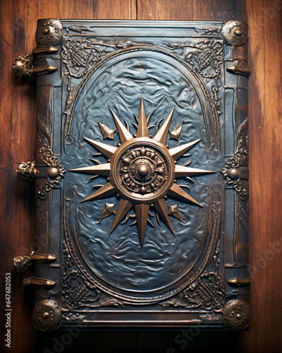 Top view of ancient nautical book on wooden table