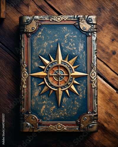 Top view of ancient nautical book on wooden table