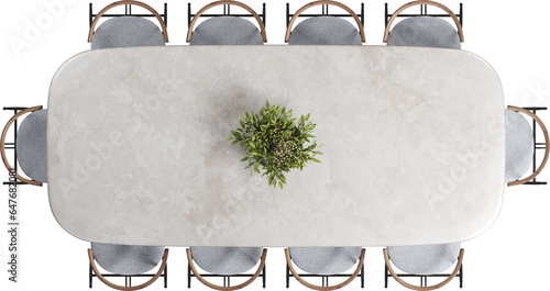 Top view of marble dining table with chairs