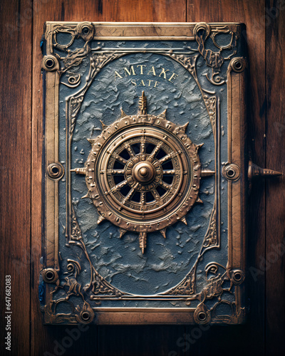 Top view of ancient nautical book on wooden table