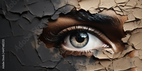 Man is Peering Out from a Mail Gap of a Black Torn Paper, Emanating a Sense of Espionage, Curiosity, and Covert Surveillance in a Hidden and Secretive Manner